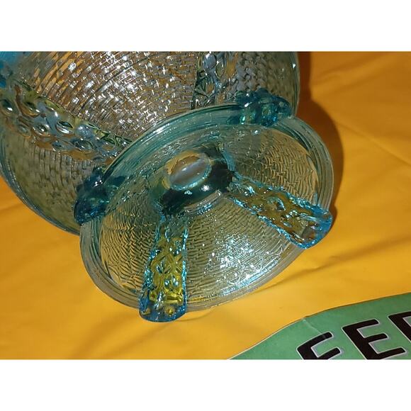 Vintage Northwood Button Panel Blue Opalescent Crimped Top Glass Candy Dish - Picture 6 of 11